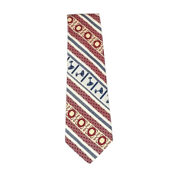Vintage Mens Tie Red White Blue Geometric Nautical Print Wide 80s Retro NeckTie - Picture 1 of 7